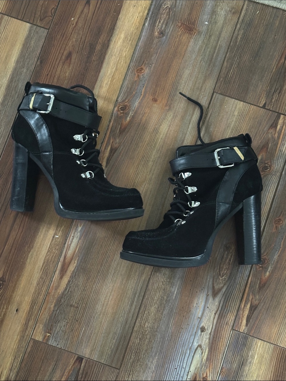 Nine West Black Lace-Up Heeled Ankle Boots with Buckle Strap Size 8